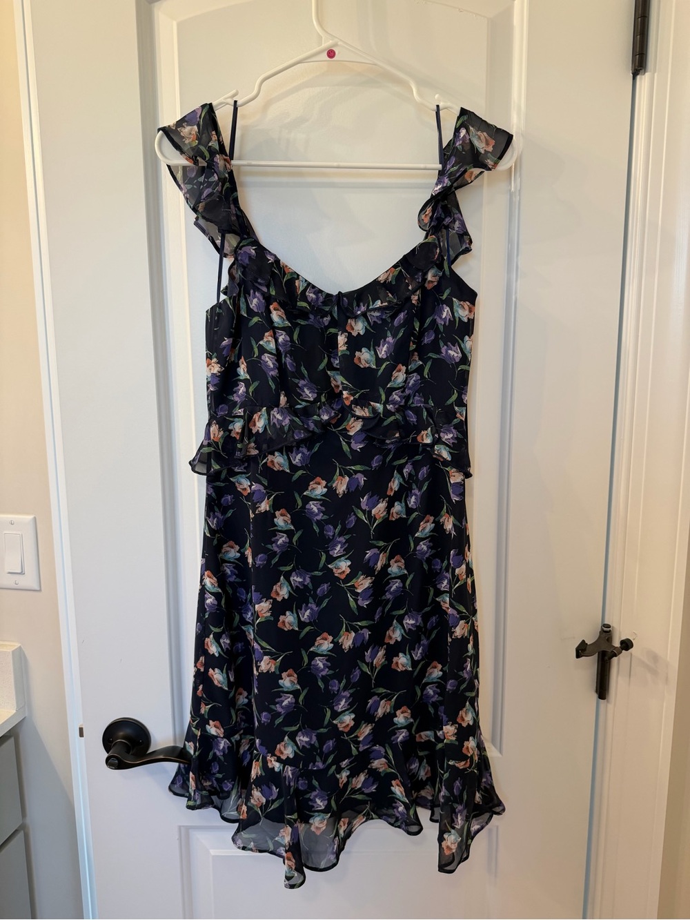 Lulu's Black Floral Ruffle Mini Dress with Purple and Blush Accents
